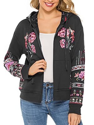 Women's Full Zip Long Sleeve Embroidered Sweatshirt Floral Boho Embroidered Mexican Hoodie Fall Winter Coat Tops Jackets