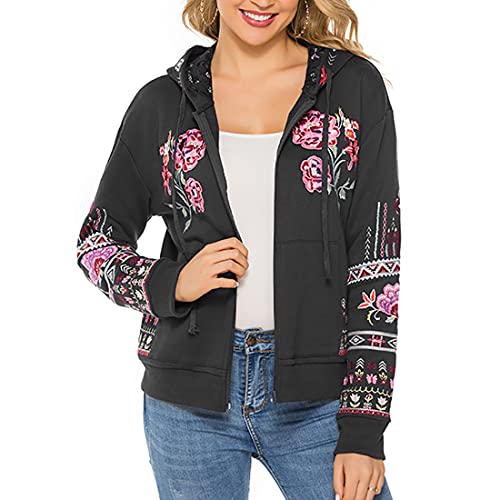 Women's Full Zip Long Sleeve Embroidered Sweatshirt Floral Boho Embroidered Mexican Hoodie Fall Winter Coat Tops Jackets