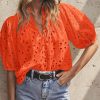 Women's Summer Tops 2025 Dressy Casual Short Sleeve V Neck Buttons Hollow Out Lace Embroidered Blouses Shirts