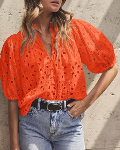 Women's Summer Tops 2025 Dressy Casual Short Sleeve V Neck Buttons Hollow Out Lace Embroidered Blouses Shirts