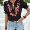 Women's Casual Floral Embroidered V Neck Boho Short Puff Sleeve Shirts Loose Summer Blouses Tops Fashion Clothes 2025