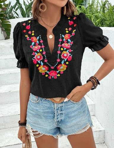 Women's Casual Floral Embroidered V Neck Boho Short Puff Sleeve Shirts Loose Summer Blouses Tops Fashion Clothes 2025