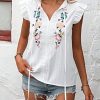 Women's Floral Embroidered V Neck Ruffle Cap Sleeve Peplum Blouse Top