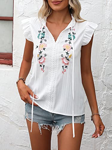 Women's Floral Embroidered V Neck Ruffle Cap Sleeve Peplum Blouse Top