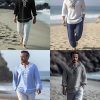 Mens Polyester Linen V Neck Henley Shirt Long Sleeve Caftan Handmade Tunic Embroidered Casual Beach T Shirts