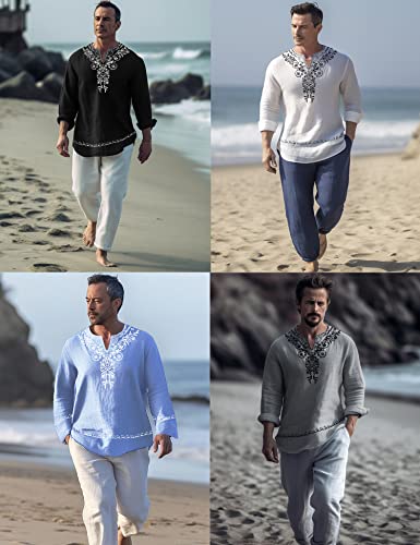 Mens Polyester Linen V Neck Henley Shirt Long Sleeve Caftan Handmade Tunic Embroidered Casual Beach T Shirts