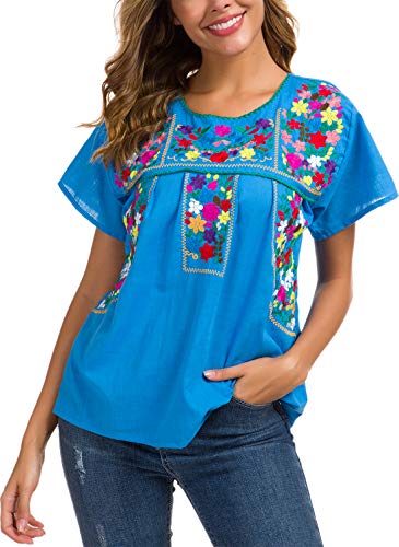 Women's Embroidered Mexican Peasant Blouse Mexico Summer Shirt Short Sleeve
