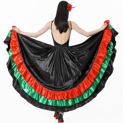 Adult Ruffles Black Red Green Maxi Long Dance Skirt Folklorico Skirt for Mexican Flamenco Halloween Costume