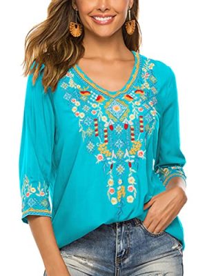Women's Boho Embroidered Peasant Tops 3/4 Sleeve V Neck Mexican Bohemian Shirts Tunics Blouses