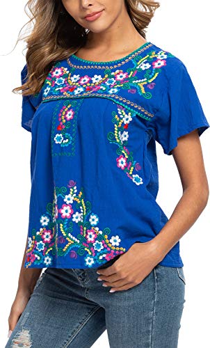 Women's Embroidered Mexican Peasant Blouse Mexico Summer Shirt Short Sleeve