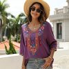 Women's Summer Boho Embroiderered Mexican Tops Bohemian V Neck 3/4 Sleeve Blouse for Women Causal Loose Hippie Shirt Tunic