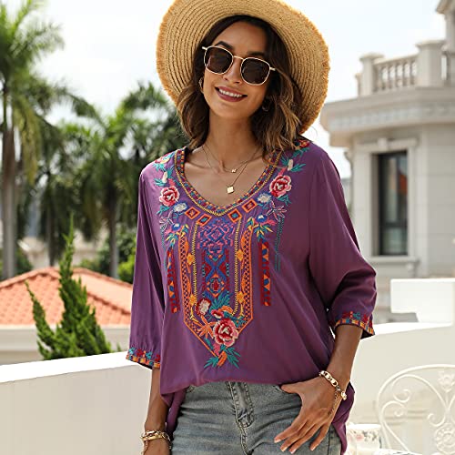Women's Summer Boho Embroiderered Mexican Tops Bohemian V Neck 3/4 Sleeve Blouse for Women Causal Loose Hippie Shirt Tunic