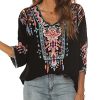Women Mexican Embroidered Shirt for Women Bohemian Style Top Blouse 3/4 Sleeve Summer Casual Tunics