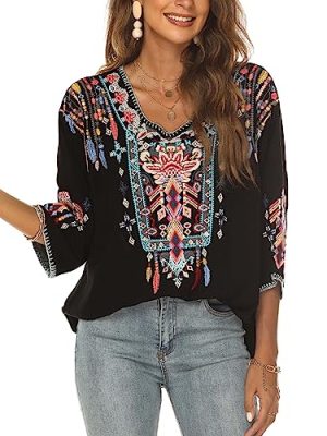 Women Mexican Embroidered Shirt for Women Bohemian Style Top Blouse 3/4 Sleeve Summer Casual Tunics