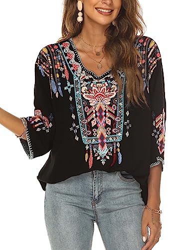 Women Mexican Embroidered Shirt for Women Bohemian Style Top Blouse 3/4 Sleeve Summer Casual Tunics