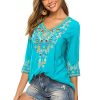 Women's Boho Embroidered Peasant Tops 3/4 Sleeve V Neck Mexican Bohemian Shirts Tunics Blouses