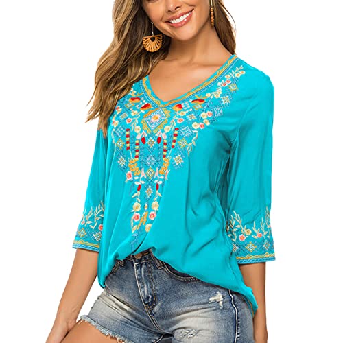 Women's Boho Embroidered Peasant Tops 3/4 Sleeve V Neck Mexican Bohemian Shirts Tunics Blouses
