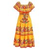 Mexican Dress for Women Off Shoulder Floral Print Long Maxi Dress Summer Sleeveless Party Vacation Dresses with Belt