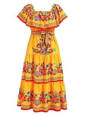 Mexican Dress for Women Off Shoulder Floral Print Long Maxi Dress Summer Sleeveless Party Vacation Dresses with Belt