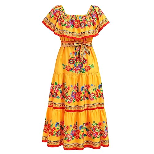 Mexican Dress for Women Off Shoulder Floral Print Long Maxi Dress Summer Sleeveless Party Vacation Dresses with Belt