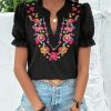 Women's Casual Floral Embroidered V Neck Boho Short Puff Sleeve Shirts Loose Summer Blouses Tops Fashion Clothes 2025
