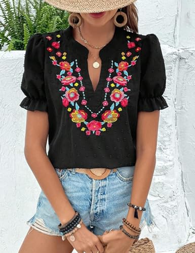 Women's Casual Floral Embroidered V Neck Boho Short Puff Sleeve Shirts Loose Summer Blouses Tops Fashion Clothes 2025