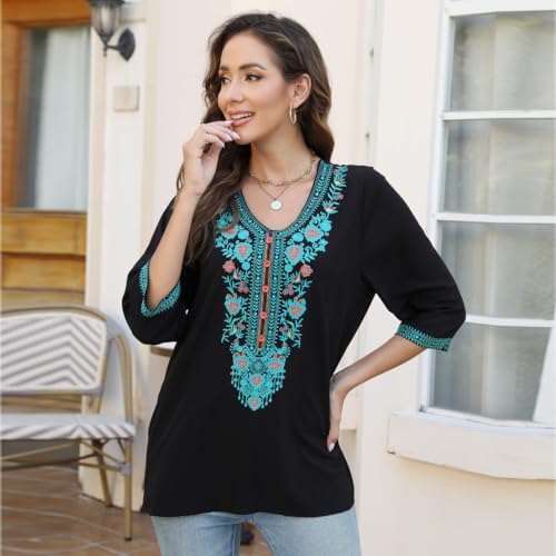 Embroidered Tops for Women 3/4 Sleeve Traditional Mexican Shirts V Neck Boho Floral Peasant Tops Loose Tunic Blouses
