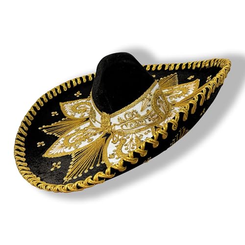 Authentic Mariachi Charro Sombrero - Traditional Mexican Hat with Unique Embroidery, Black Gold (Design and Color May Vary)