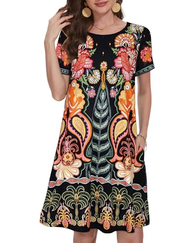 Summer Dresses for Women Casual Tshirt Short Sleeve Floral Sundress Beach Cover Ups with Pockets