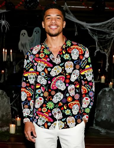 Men's Halloween Novelty Button Down Long Sleeve Shirt, S-4XL