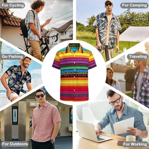 Mexican Serape Colorful Stripes Mens Shirts Short Sleeve Button Down Beach Shirts with Pockets