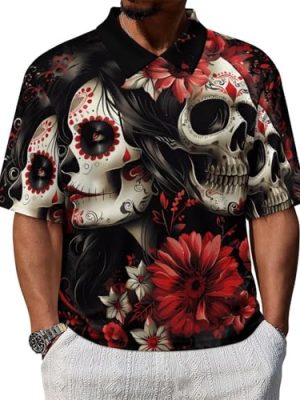 Mexican Day of The Dead Women Goth Workout T-Shirts for Men Collar Neck Summer T-Shirt Mid Sleeve Casual Tee Tops
