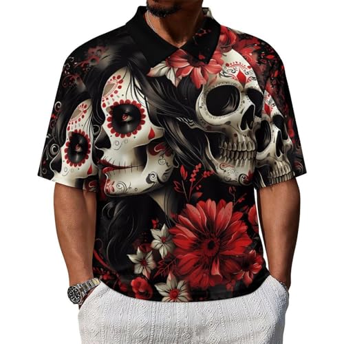 Mexican Day of The Dead Women Goth Workout T-Shirts for Men Collar Neck Summer T-Shirt Mid Sleeve Casual Tee Tops