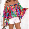 Women's Off The Shoulder Tops Boho Asymmetrical 3/4 Sleeve Ruffle Colorful Blouses Shirt Tops Dressy Casual