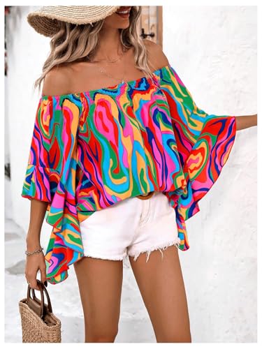 Women's Off The Shoulder Tops Boho Asymmetrical 3/4 Sleeve Ruffle Colorful Blouses Shirt Tops Dressy Casual