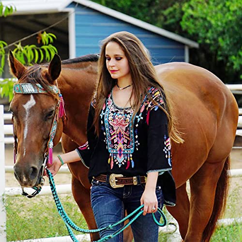 Women Mexican Embroidered Shirt for Women Bohemian Style Top Blouse 3/4 Sleeve Summer Casual Tunics