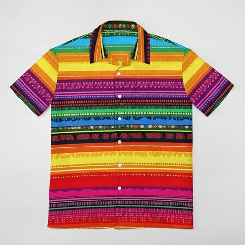 Mexican Serape Colorful Stripes Mens Shirts Short Sleeve Button Down Beach Shirts with Pockets