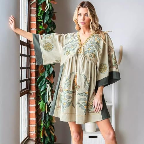 Print Dresses for Women with V-Neck Summer Cotton 3/4 Sleeves Casual Loose Fit Boho Vintage Floral Tunic Dress 2025