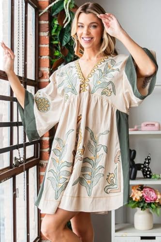 Print Dresses for Women with V-Neck Summer Cotton 3/4 Sleeves Casual Loose Fit Boho Vintage Floral Tunic Dress 2025