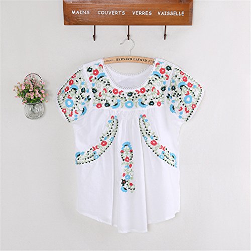 Women's Peasant Tops Mexican Blouse Flowers Embroidered Boho T Shirt
