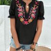 Women's Casual Floral Embroidered V Neck Boho Short Puff Sleeve Shirts Loose Summer Blouses Tops Fashion Clothes 2025