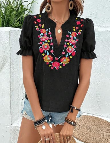 Women's Casual Floral Embroidered V Neck Boho Short Puff Sleeve Shirts Loose Summer Blouses Tops Fashion Clothes 2025