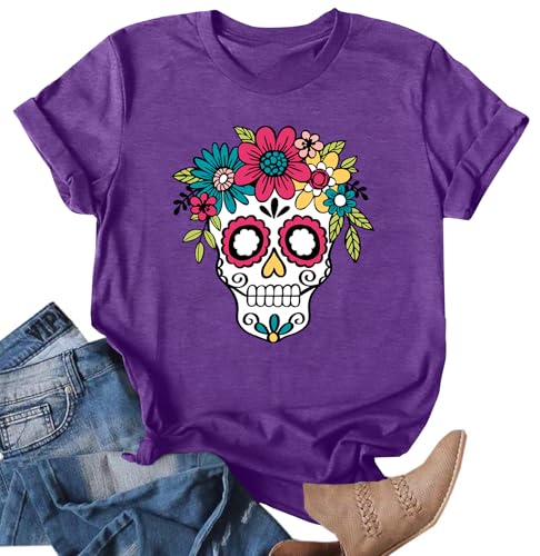 Dia De Los Muertos Shirt for Women Sugar Skull Tshirts Day of Dead T-Shirts Skull Graphic Tops