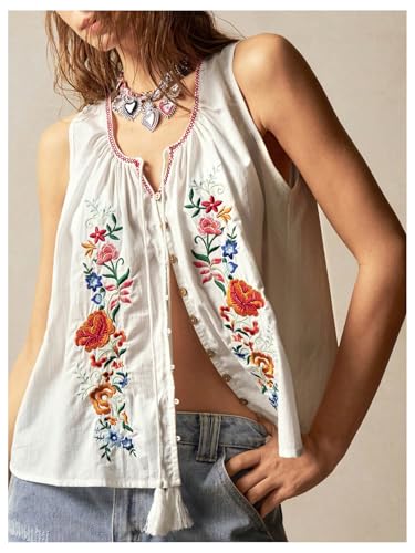 Women's Floral Embroidered Tops Y2K Sleeveless Scoop Neck Button Down Tank Top