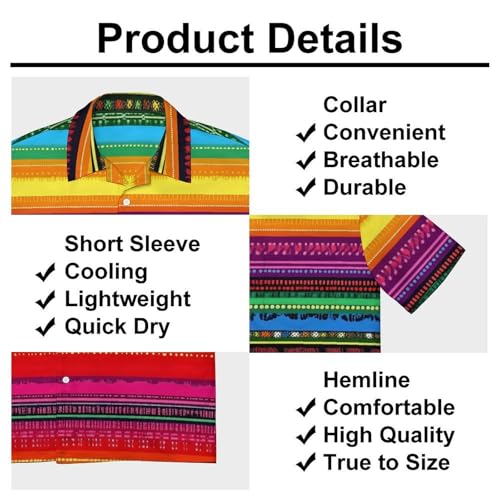 Mexican Serape Colorful Stripes Mens Shirts Short Sleeve Button Down Beach Shirts with Pockets