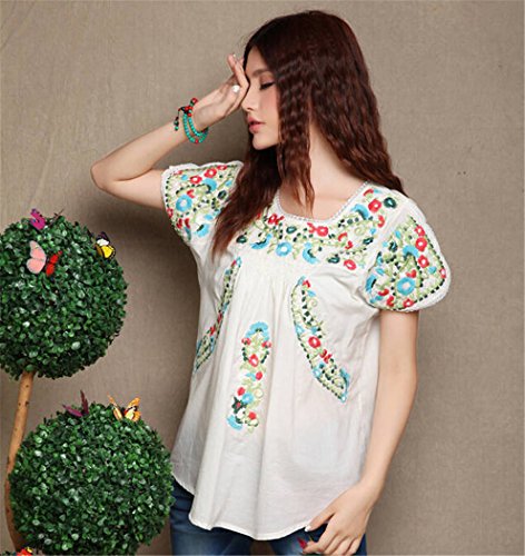 Women's Peasant Tops Mexican Blouse Flowers Embroidered Boho T Shirt
