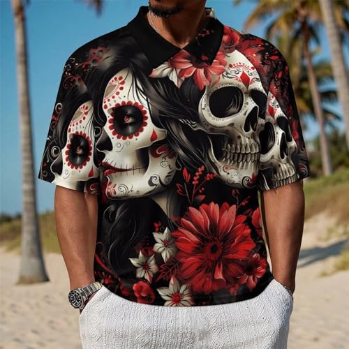 Mexican Day of The Dead Women Goth Workout T-Shirts for Men Collar Neck Summer T-Shirt Mid Sleeve Casual Tee Tops