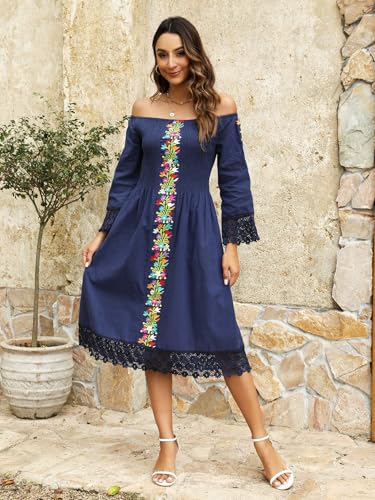 Mexican Dress for Women Embroidered Traditional Fiesta Dresses Style Long Sleeve Floral Diverse Embroidered Patterns