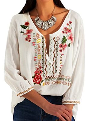 Mexican Tops for Women Embroidered Shirts Bohemian Hippie Clothes Tunic Fiesta Plus Size Boho Peasant Blouses