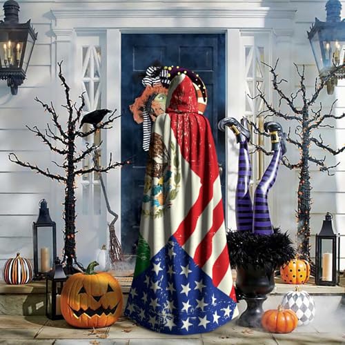 Unisex robes capes Adult Mexican American Flag Print Hooded Cloak for Cosplay Halloween Carnival Costumes